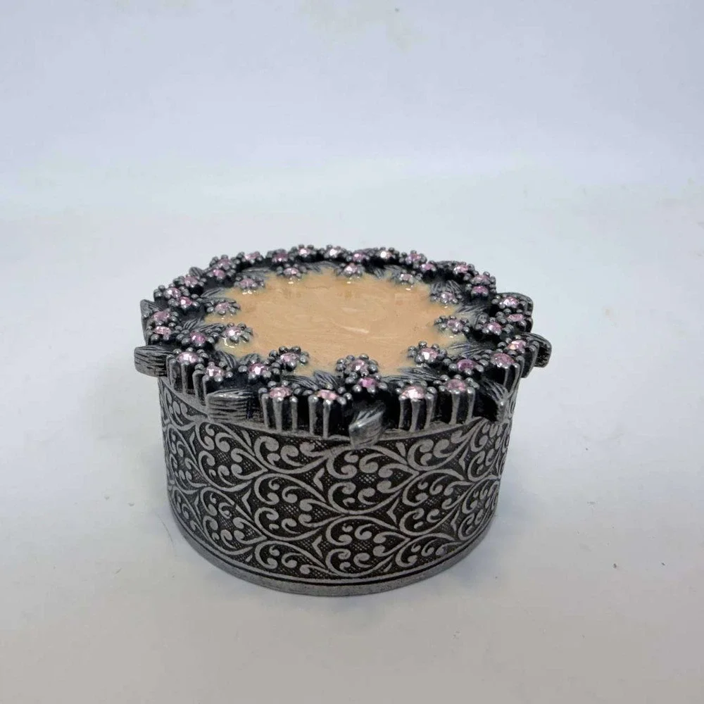 AXCO Pewter Tone Trinket Box Pink Rhinestone Floral Enamel Jewelry Case Round